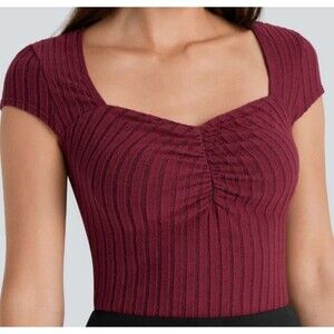 Halara Wine Wide Rib Ruched Sweetheart Neck Cap Sleeve Fitted Top Size XS